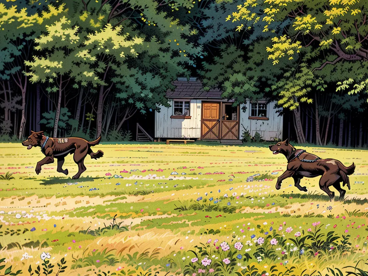 Leslie GarabedianßhundeStevie und Eddie, die in ihrem Garten laufen. Garabedian vermietet ihr Grundstück an andere Hundebesitzer über SniffSpot.