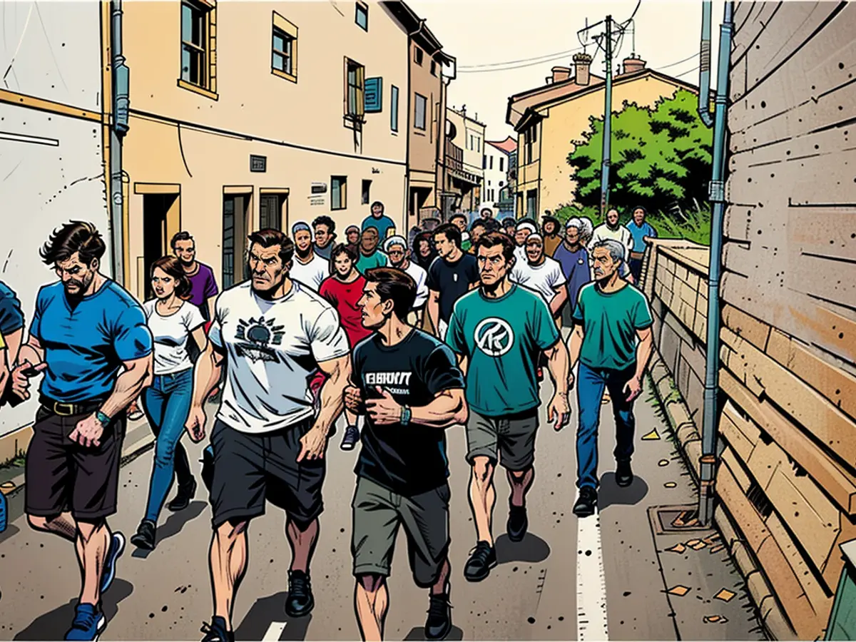 Mayor Fregonese (white t-shirt) with numerous citizens during a walk.