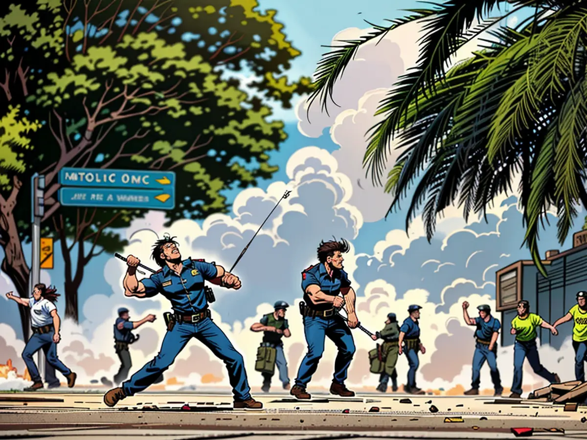 Полиция и протестующие столкнулись в Каракасе, Венесуэла, 29 июля 2024 года, с полицией, запускающей слезоточивый газ для разгона больших толп.