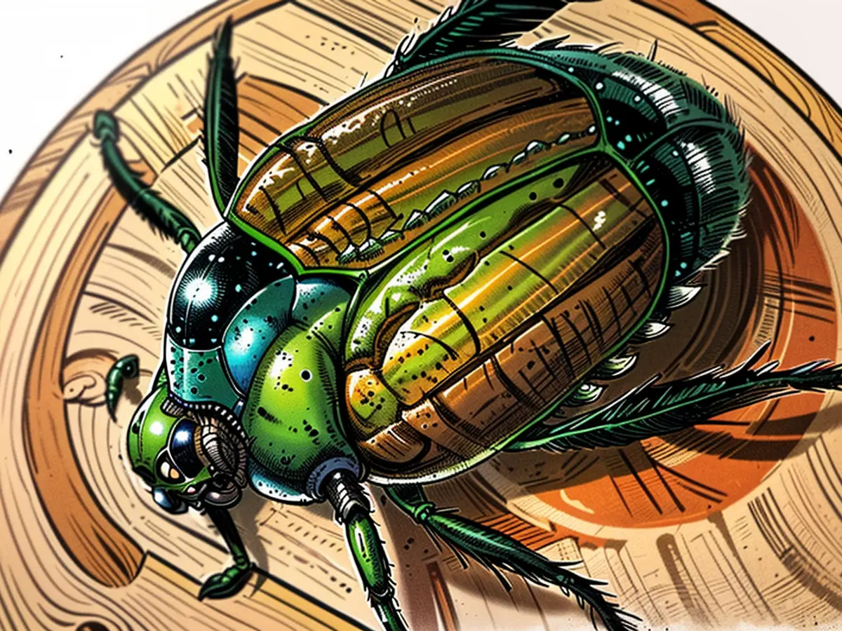 El escarabajo japonés mide aproximadamente un centímetro, tiene una cabeza metálica verde y alas marrón.