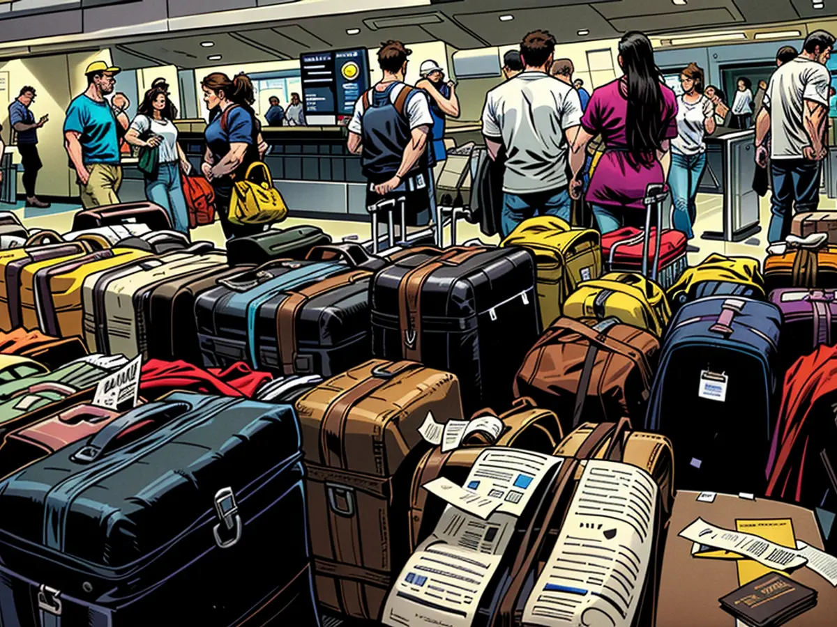 Bags await reunification with their owners in the Delta Air Lines baggage claim area Los Angeles International Airport on July 24