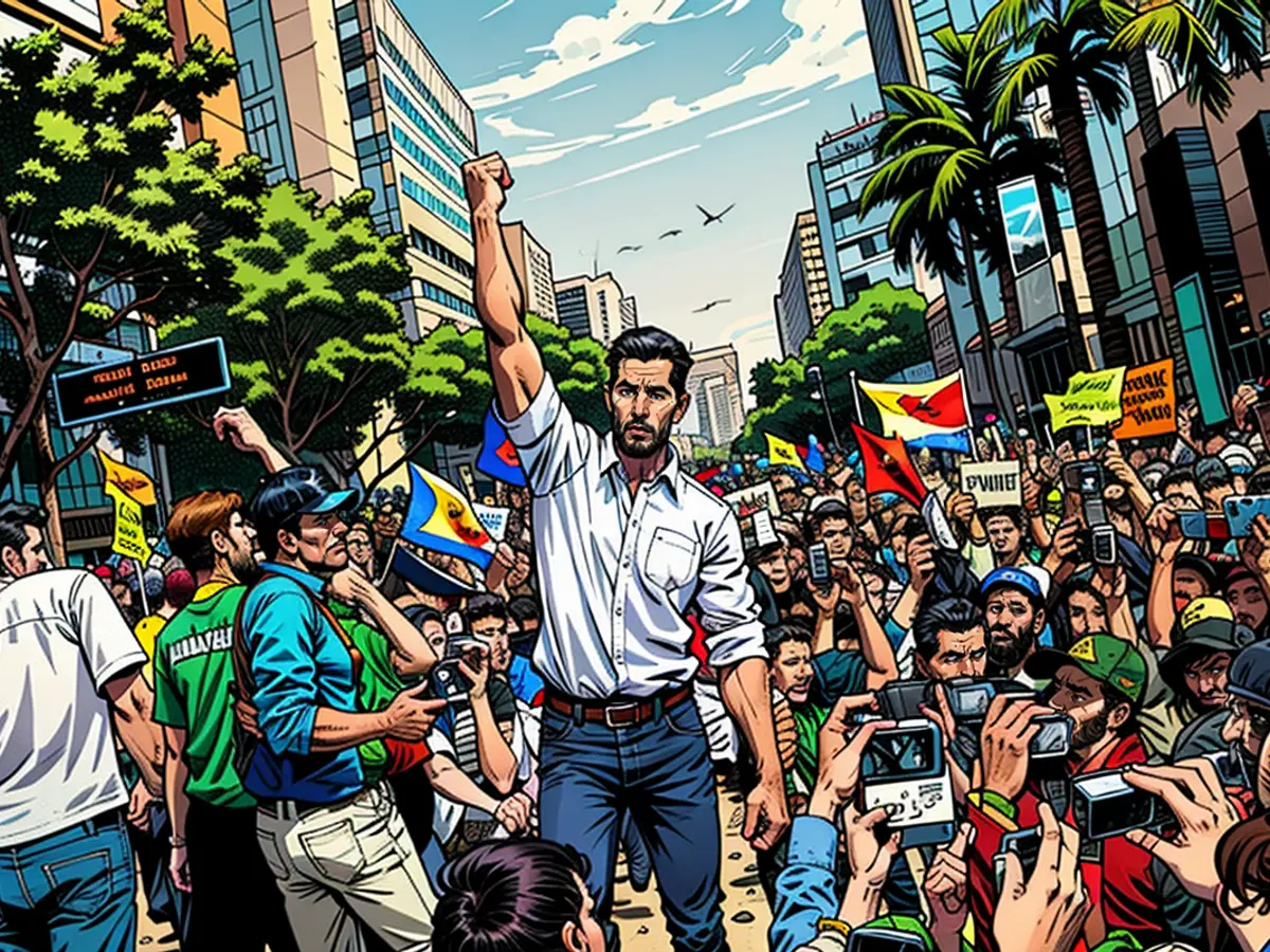 CARACAS, VÉNÉZUELA - NOVEMBRE 16 : Le chef de l'opposition Juan Guaido, reconnu par de nombreux membres de la communauté internationale comme le dirigeant intérimaire légitime du pays, salue ses partisans devant l'ambassade de Bolivie lors d'un rassemblement intitulé « Réveillez-vous, Venezuela » pour faire pression sur le président Nicolas Maduro pour qu'il démissionne le 16 novembre 2019 à Caracas, au Venezuela. Hier soir, un groupe d'individus armés vêtus d'uniformes militaires a fait irruption dans le siège du parti Volontad Popular de Juan Guaido. L'appel de Guaido pour des manifestations renouvelées intervient alors que la turbulence politique affecte les pays de la région, contraignant les dirigeants à faire des concessions et contribuant même à la démission d'Evo Morales sous la pression. Guaido est prêt à apporter une nouvelle énergie alors que la frustration grandit après l'incapacité à ritir