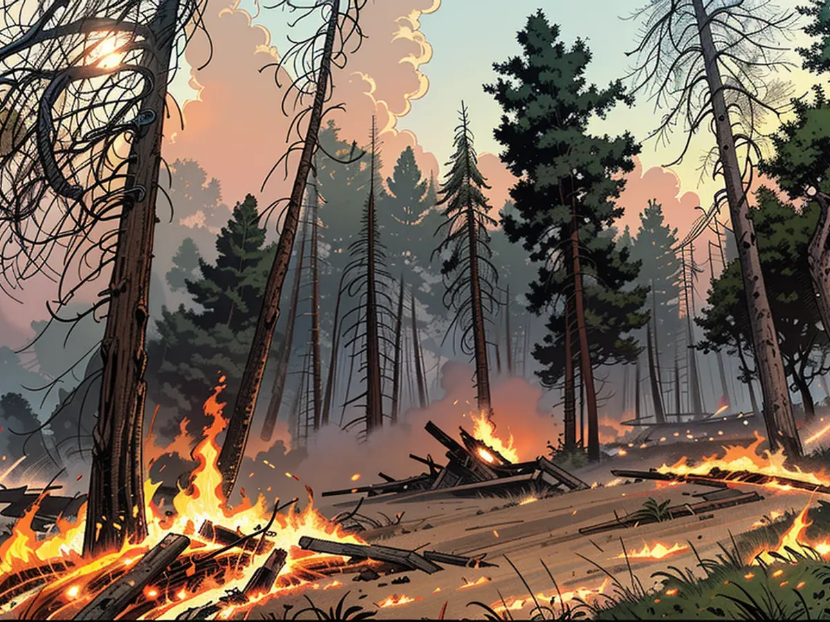 JERSEYDALE, CALIFÓRNIA - 24 DE JULHO: O incêndio Oak queima através das árvores em 24 de julho de 2022 perto de Jerseydale, Califórnia. O incêndio Oak em movimento rápido queimando fora do Parque Nacional Yosemite forçou evacuações, queimou mais de 14.000 acres e destruiu várias casas desde que começou na tarde de sexta-feira. O incêndio está zero por cento contido.