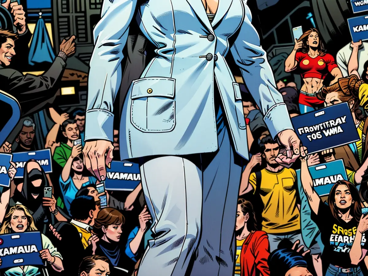 Kamala Harris' icy blue suit seemed twinned in a way with Megan's cropped version.