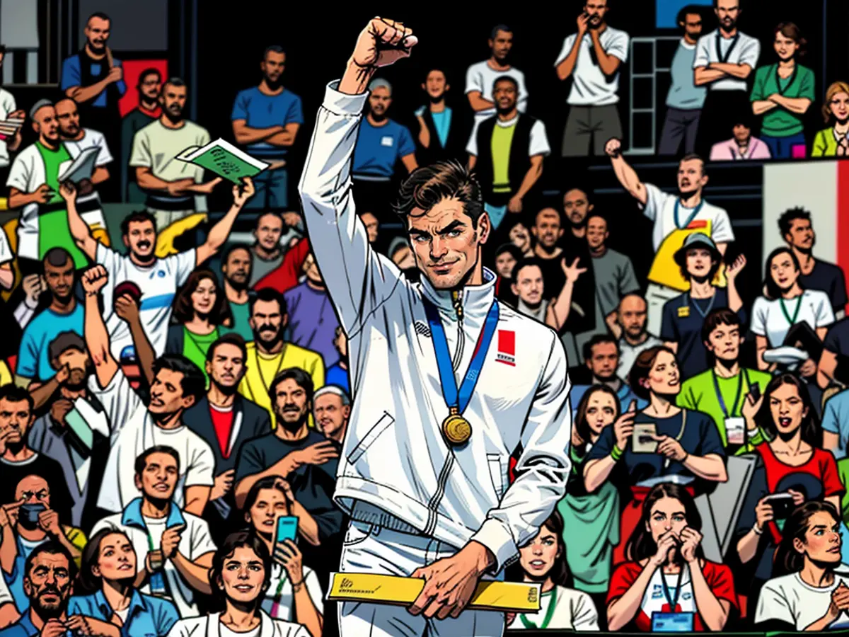 NANTERRE, FRANCE - JULY 31: Gold Medalist Leon Marchand of Team France celebrates on the podium during the Swimming medal ceremony after the Men's 200m Breaststroke Final on day five of the Olympic Games Paris 2024 at Paris La Defense Arena on July 31, 2024 in Nanterre, France. (