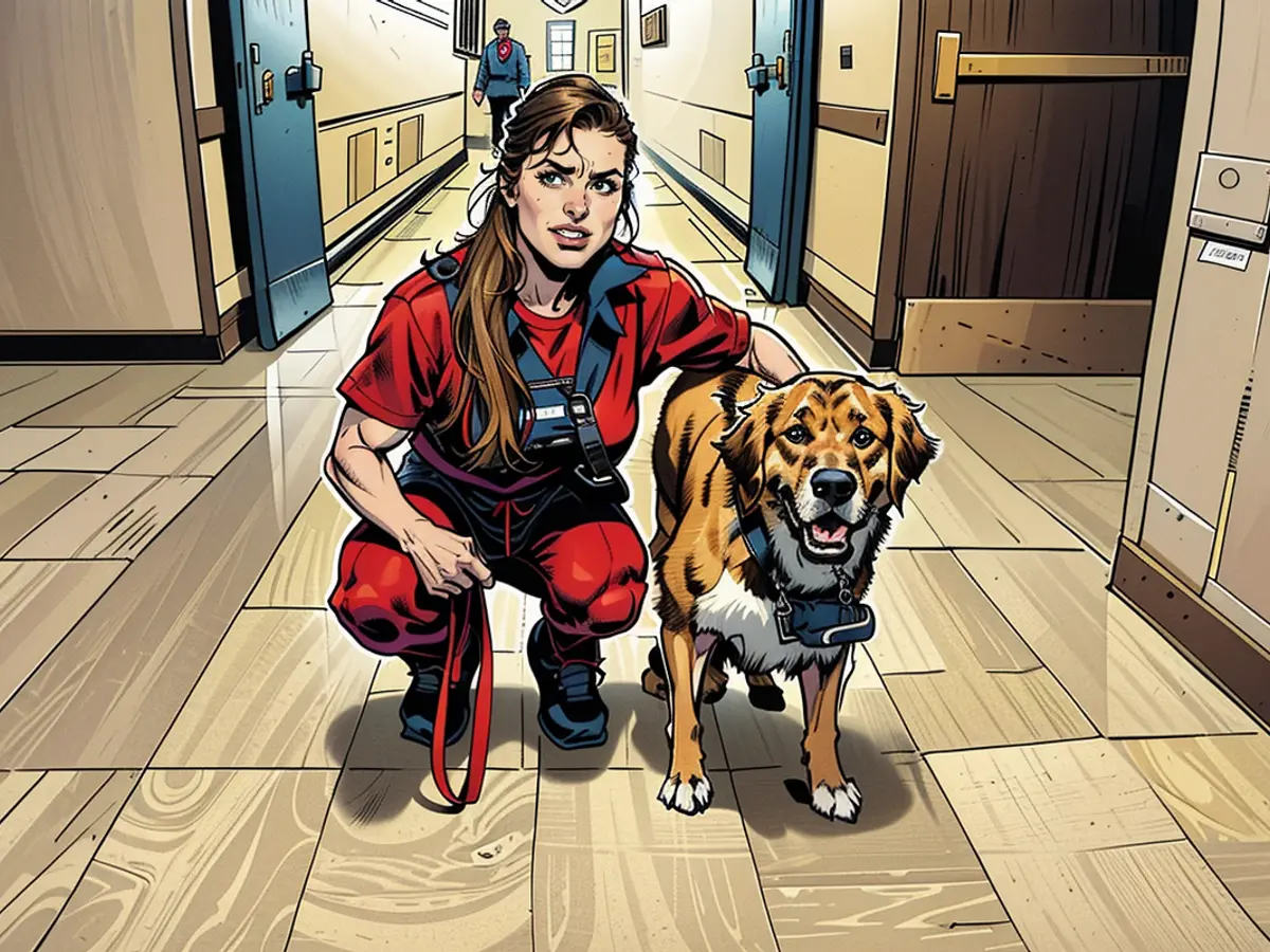 Capt. Molly Murphy com Ten. Cmdr. Ellie Mae, um cão de serviço, em Walter Reed, novembro de 2023
