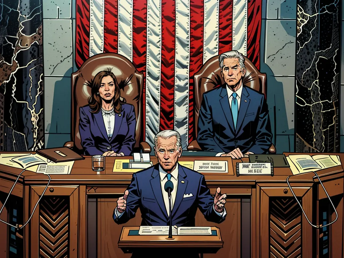 President Joe Biden delivers the State of the Union address, while watched by Vice President Kamala Harris and then-Speaker of the House Kevin McCarthy, in the House Chamber of the U.S. Capitol in Washington, DC, on February 7, 2023.