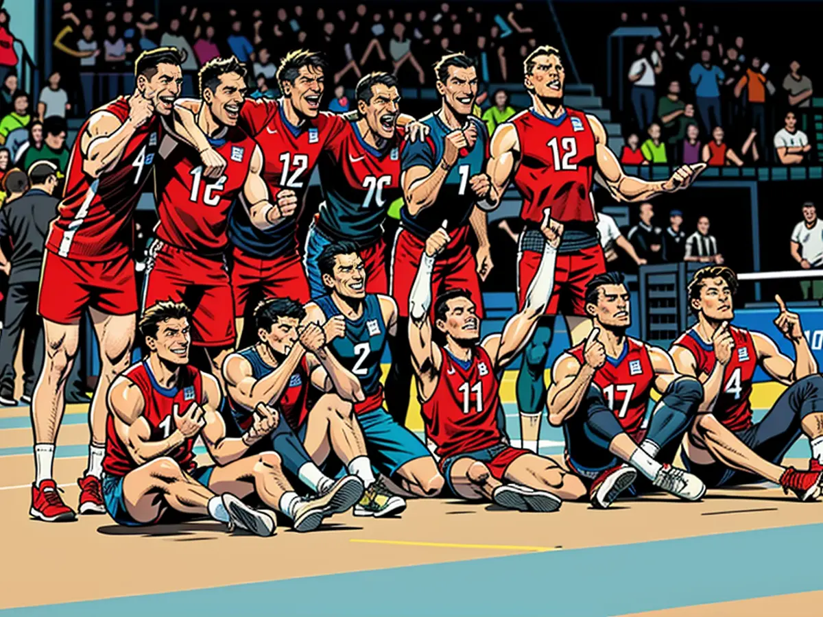 Smith (letzte Reihe, dritter von rechts) feiert mit seinem US-Team, nachdem sie Argentinien im Eröfnungsmatch der Olympischen Spiele 2024 besiegt haben.