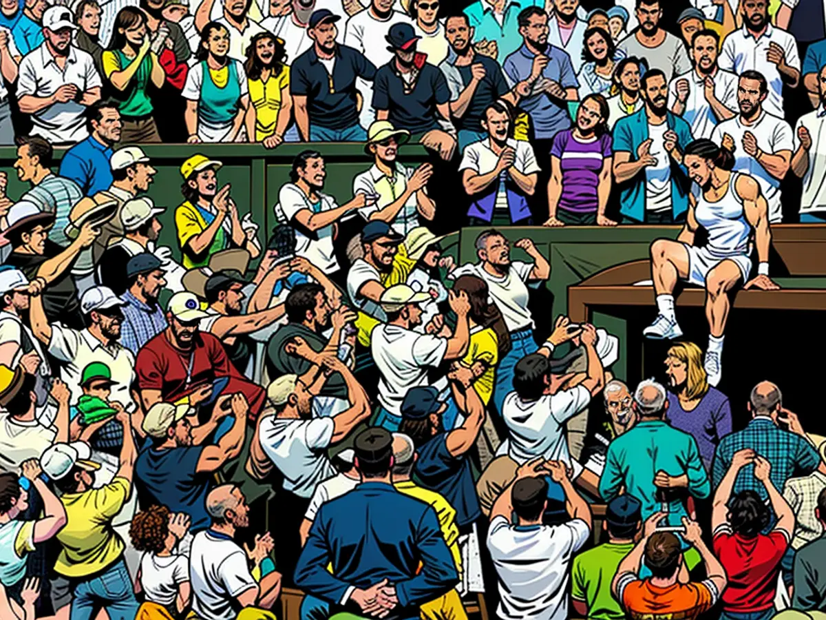 Murray climbs to his friends and family after winning the Wimbledon title in 2013.