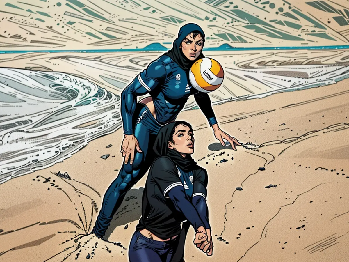 Marwa Abdelhady e Doaa Elghobashy jogaram vôlei de praia usando hijabs, camisas de mangas compridas e calças compridas.