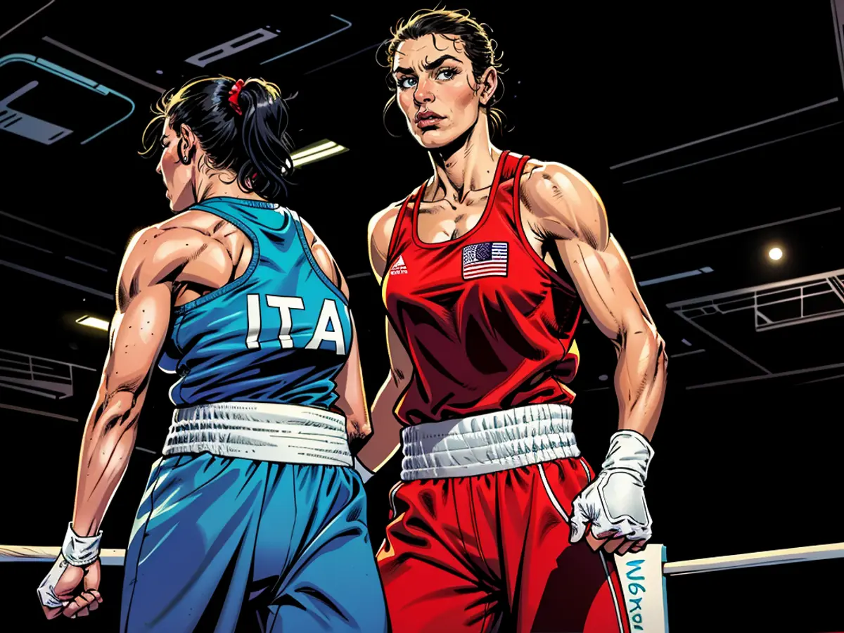 Algeria's Imane Khelif (R), is seen after defeating Italy's Angela Carini in the women's 66kg preliminary boxing match at the 2024 Summer Olympics in Paris on Thursday.