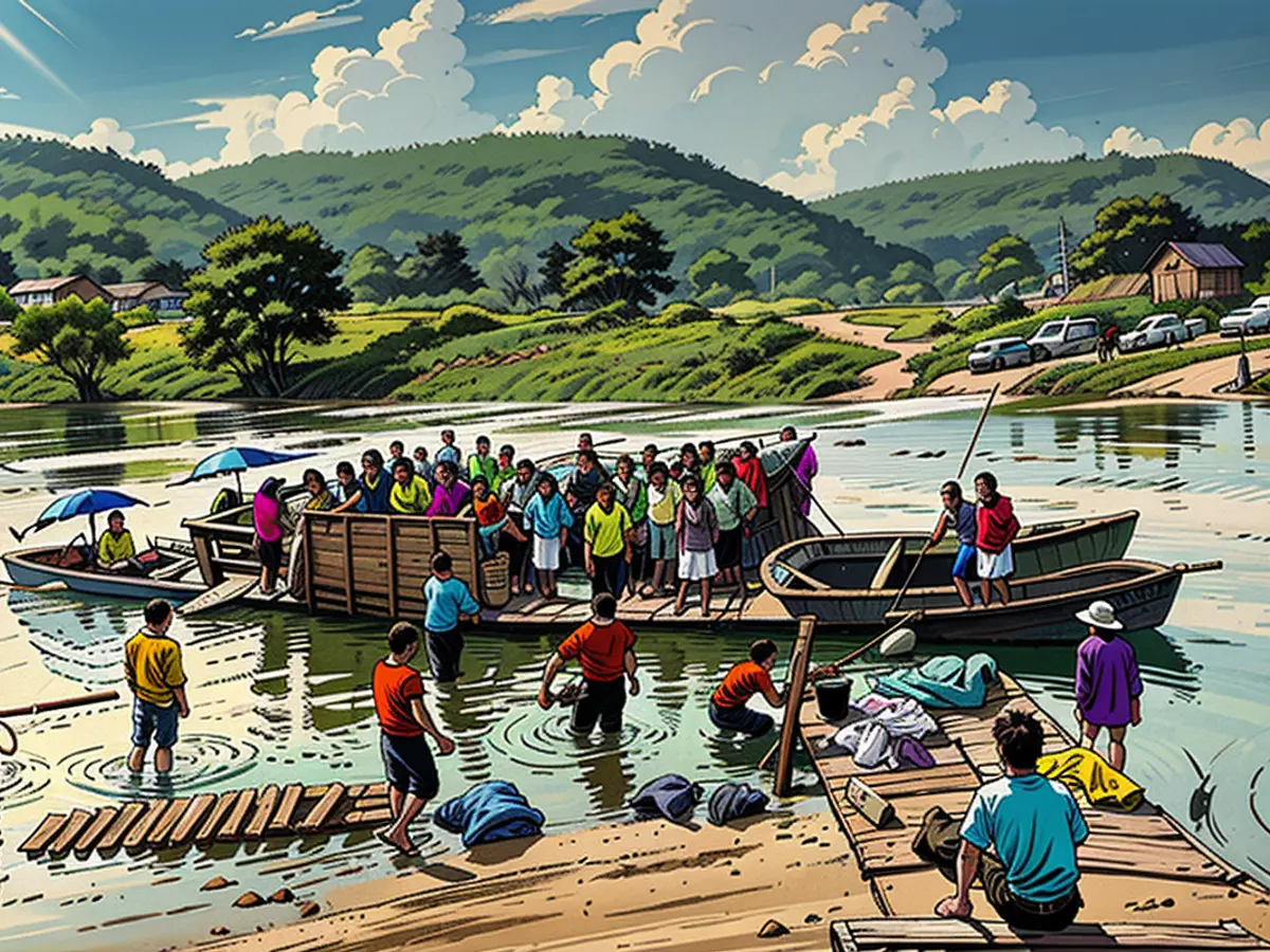 Displaced people cross the Dokhtawaddy river at Zin Ann village, between Lashio and Hsipaw township in Myanmar's northern Shan state, on July 8, 2024