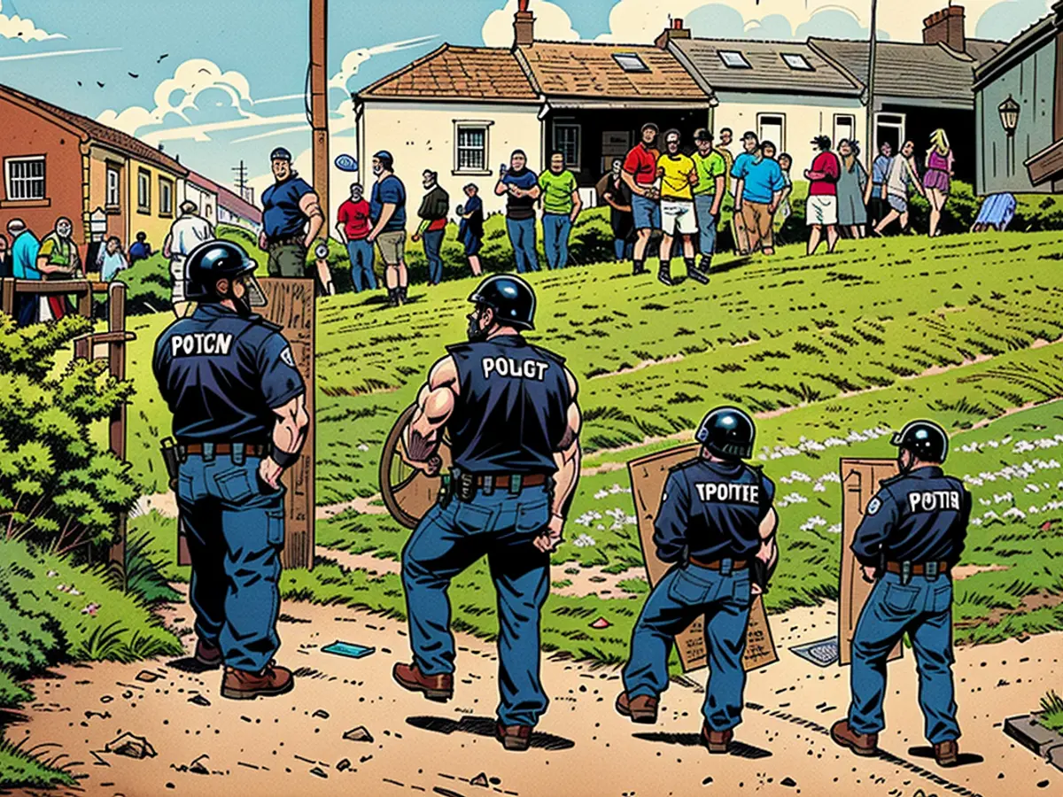 Polizia antis sommosse sorveglia una protesta a Sunderland, Inghilterra il 2 agosto 2024.