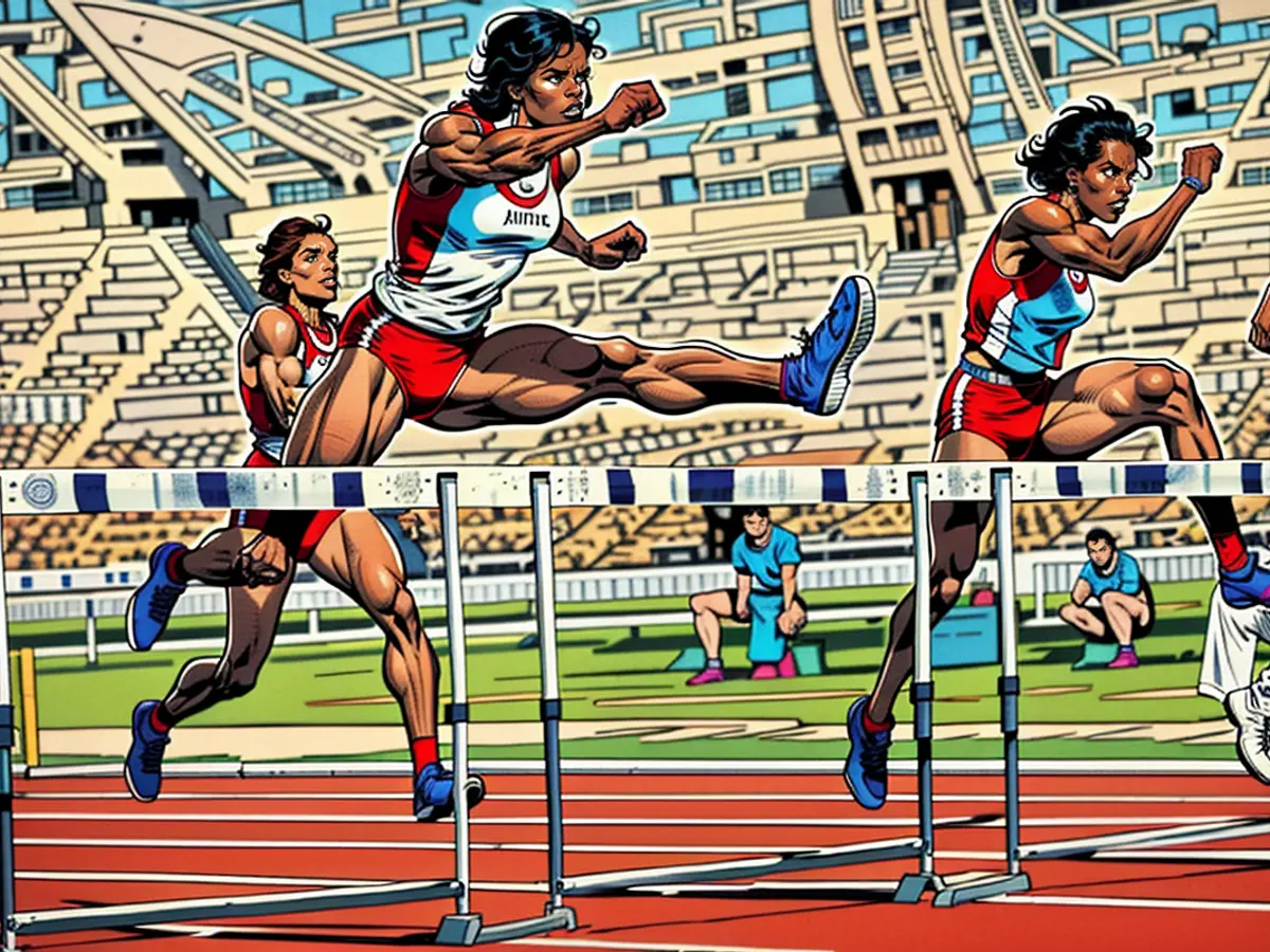 British hurdler Judy Simpson and American hurdler Jackie Joyner-Kersee at the 1984 Los Angeles Olympics.