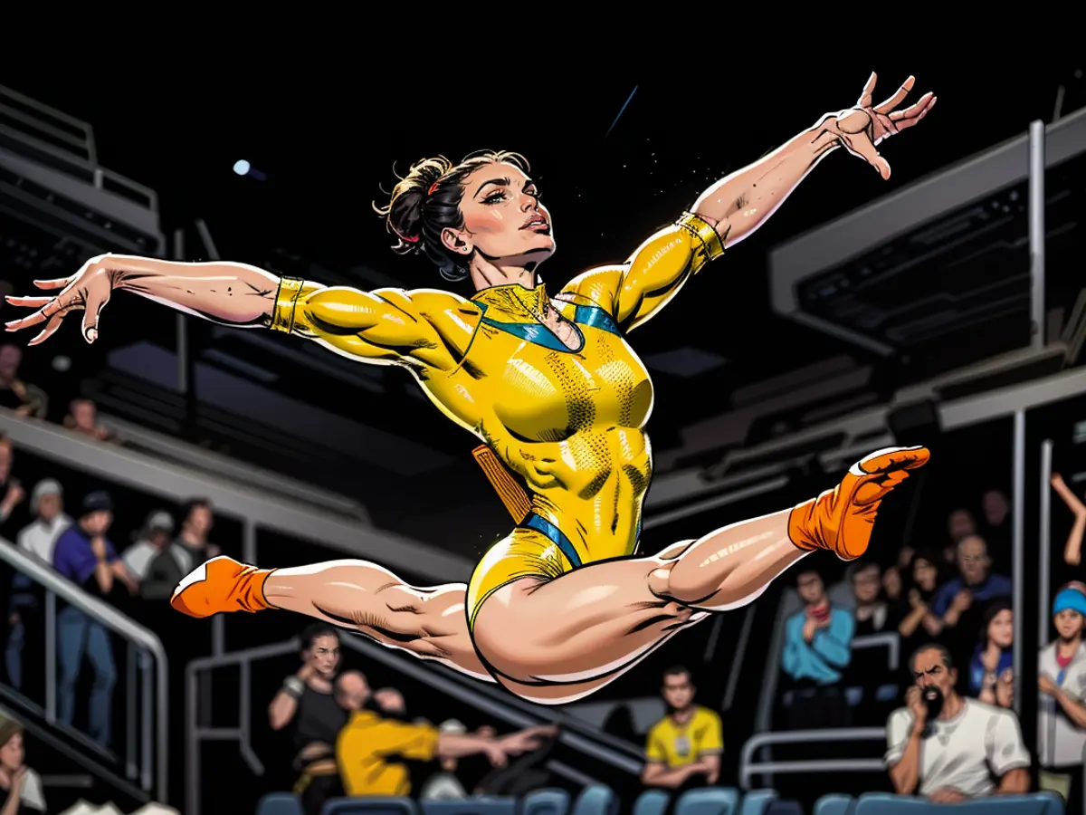 PARIS, FRANCE - 1er AOÛT : Rebeca Andrade de l'équipe du Brésil concourt à l'exercice au sol lors de la finale du concours général féminin de gymnastique artistique le sixième jour des Jeux Olympiques de Paris 2024 à l'Arena de Bercy le 1er août 2024 à Paris, en France.