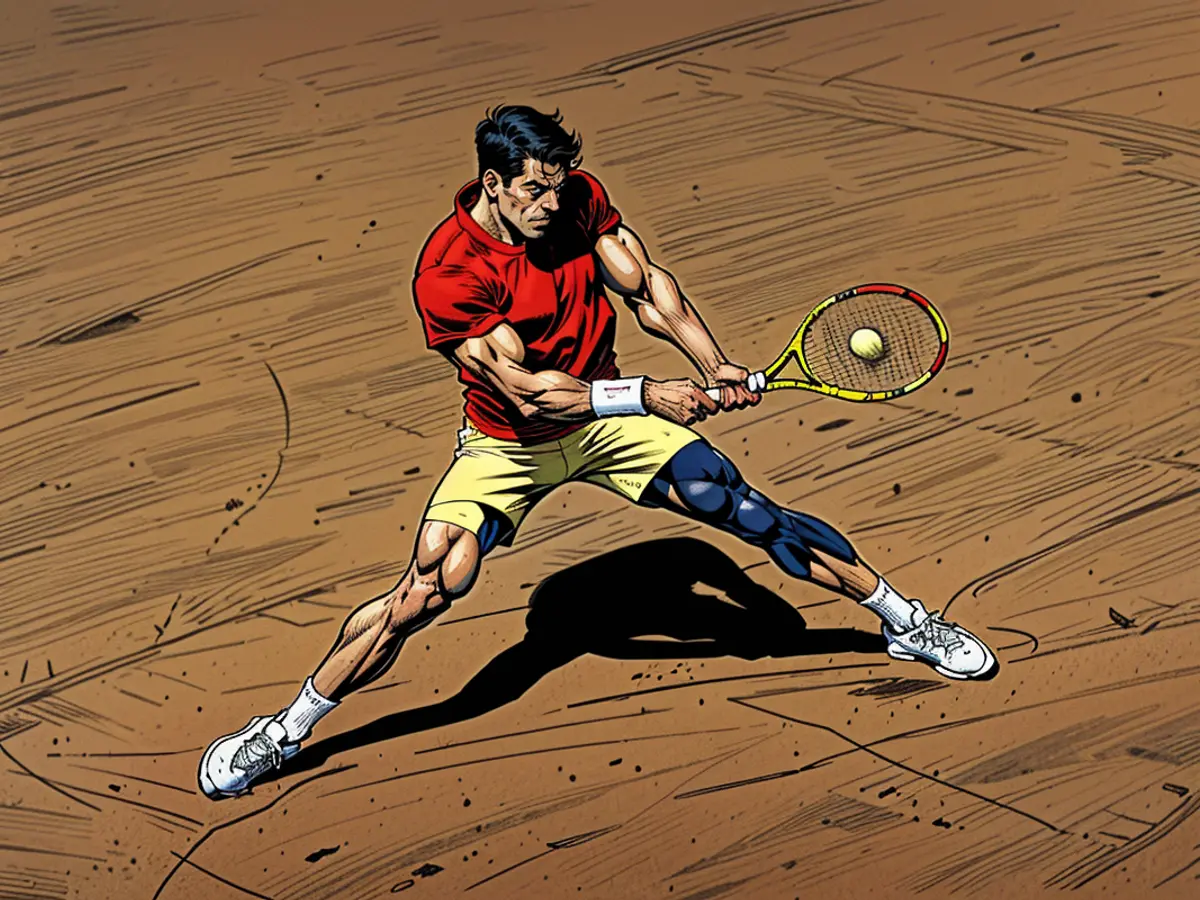 Alcaraz plays a backhand in the men's singles gold medal match.