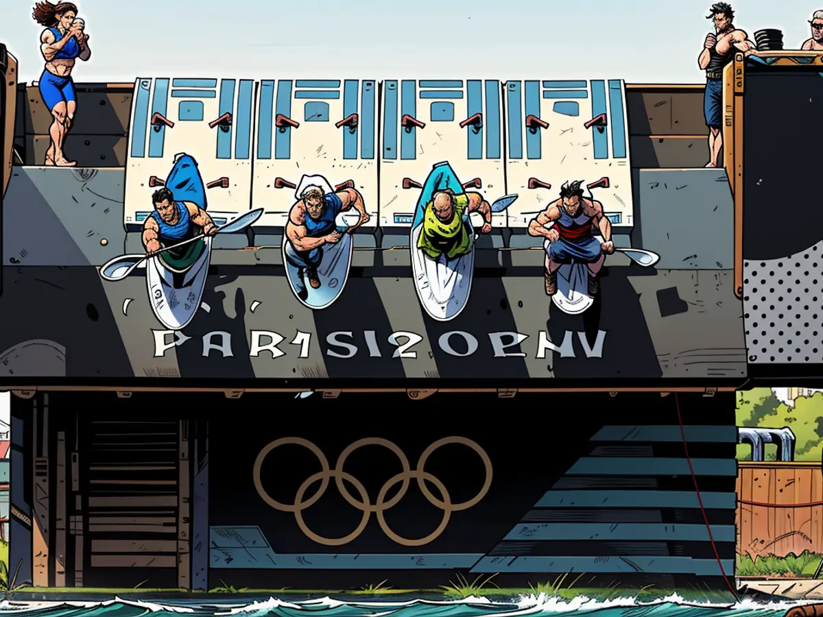 Athletes are dropped from a ramp into the water.