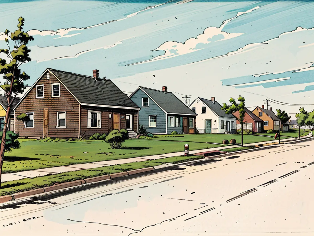 Uma vista de casas construídas na cidade de 'Levittown', Nova Iorque, por volta de 1947. A empresa de desenvolvimento imobiliário Levitt & Sons construiu vários grandes conjuntos habitacionais suburbanos que vieram a ser conhecidos como 'Levittowns' nos Estados Unidos e em Porto Rico.