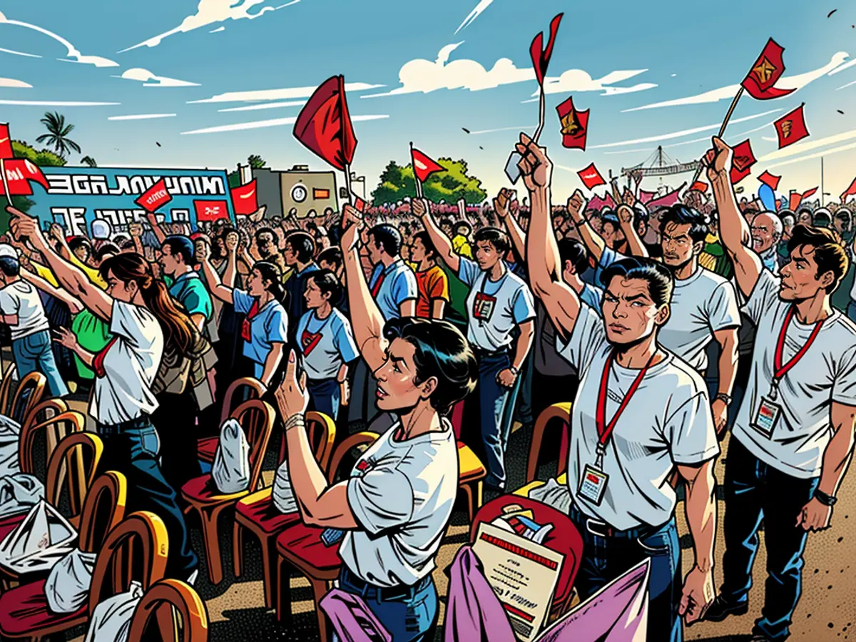 Cambodian civil servants attend the groundbreaking ceremony of the China-funded Funan Techo canal on August 5, 2024.