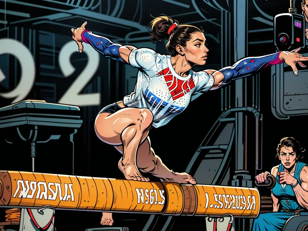 Simone Biles del Equipo de Estados Unidos compite durante la Final del Concurso Completo de Gimnasia Artística Femenino en la Barra de Equilibrio el 5 de agosto de 2024 en París, Francia.