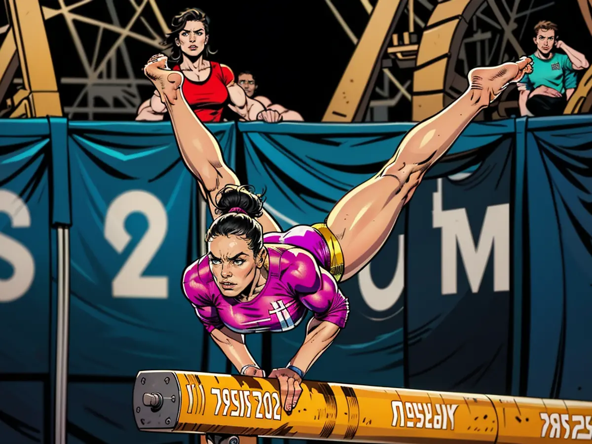 Rebeca Andrade, del Brasile, compete durante le finali del concorso individuale femminile di ginnastica artistica al corpo libero il 5 agosto 2024 a Parigi, Francia