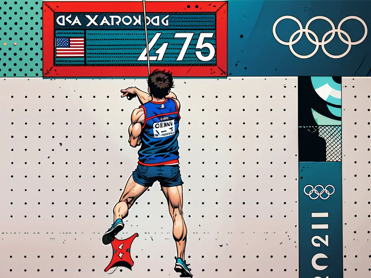 Sam Watson aus den USA bricht den Weltrekord im Geschwindigkeitsklettern der Männer im entscheidenden Durchgang der Qualifikation während der Olympischen Spiele in Paris 2024 in der Le Bourget Sportkletterarena in Le Bourget am 6. August 2024.