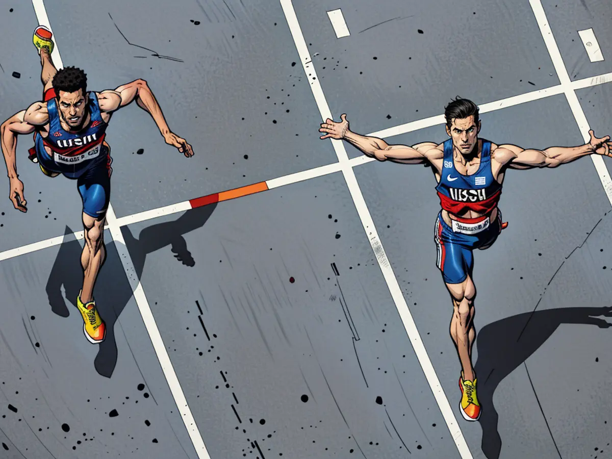 US' Cole Hocker crosses the finish line to win the men's 1500m final of the athletics event ahead of US' Yared Nuguse at the Paris 2024 Olympic Games at Stade de France in Saint-Denis, north of Paris, on August 6, 2024. (