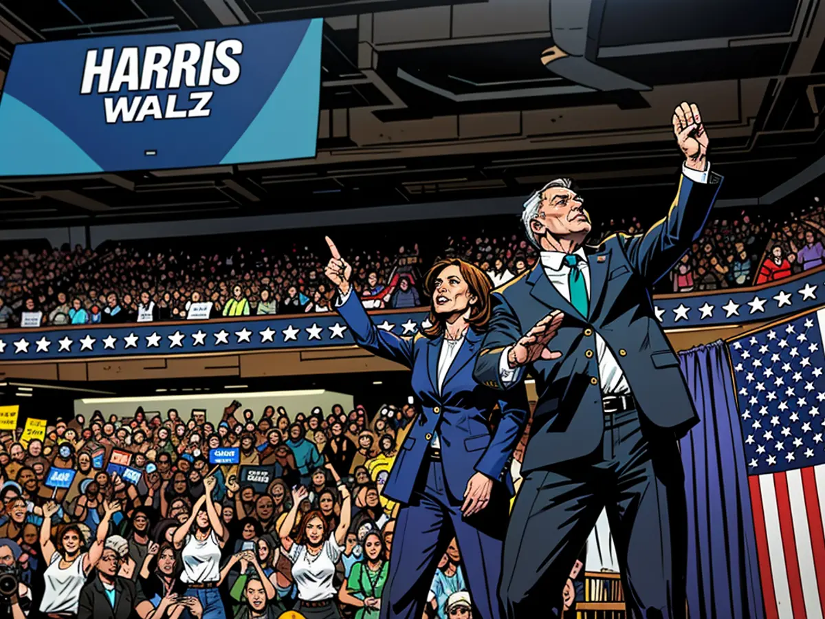 Democratic presidential candidate, Vice President Kamala Harris and Democratic vice presidential candidate Minnesota Gov. Tim Walz appear on stage together during a campaign event at Girard College on August 6, 2024 in Philadelphia, Pennsylvania.