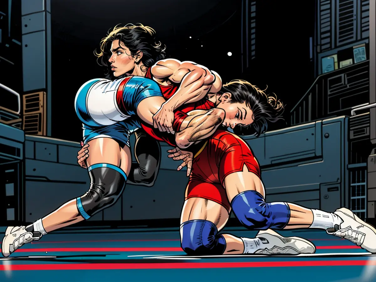 Vinesh Phogat de India, en rojo, compite con Yusneylis Guzman Lopez de Cuba durante la semifinal de lucha femenina estilo libre de 50 kg en el Arena de Champs-de-Mars en París el 6 de agosto de 2024.