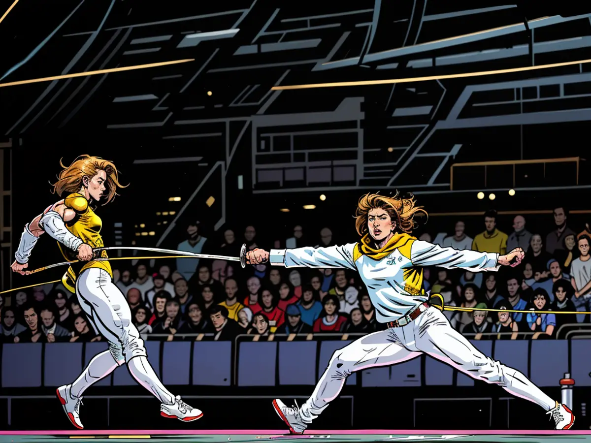 Jeon Eun-hye de Corée du Sud et Kharlan concourent lors de la finale féminine de sabre par équipe au Grand Palais le 3 août