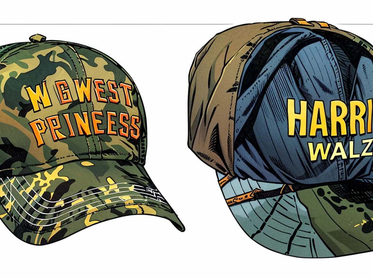 À gauche, le chapeau 'Princesse du Midwest' de Roan. À droite, le chapeau de camouflage officiel Harris-Walz.