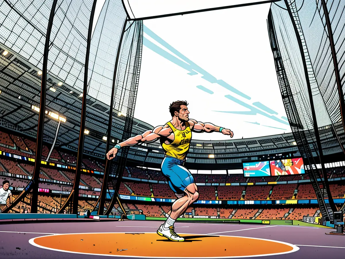 Mykolas Alekna competing in the men's discus final at the Stade de France on August 7.