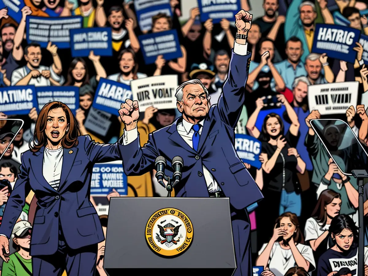 Kamala Harris and Tim Walz at a rally in Philadelphia.