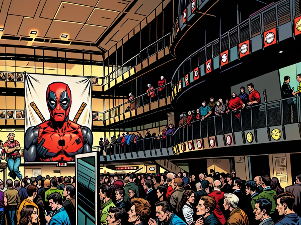 Un manifesto di Deadpool pende al David H. Koch Theater durante la première di 