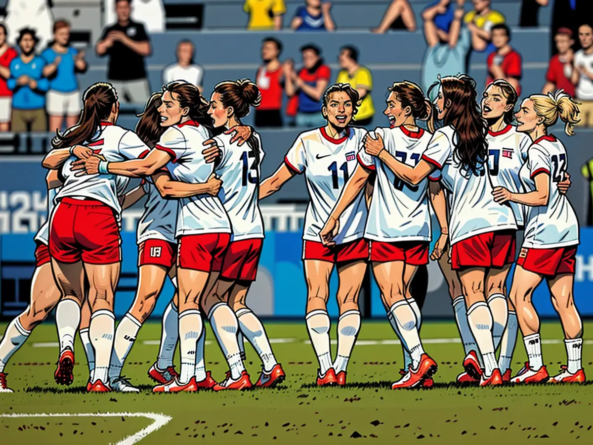 US players celebrate their late goal against Germany in the semifinal of the Olympics.