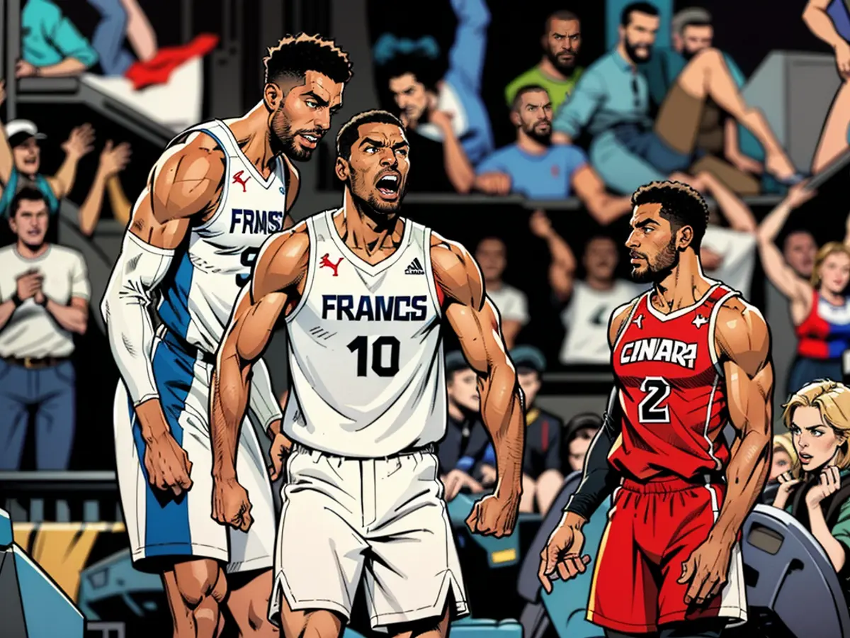 Victor Wembanyama und Evan Fournier aus Frankreich feiern während Shai Gilgeous-Alexander aus Kanada zuschaut.