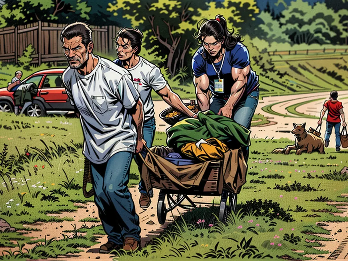 A volunteer helps the residents of a village in the Ukrainian border region of Sumy to transport their belongings.