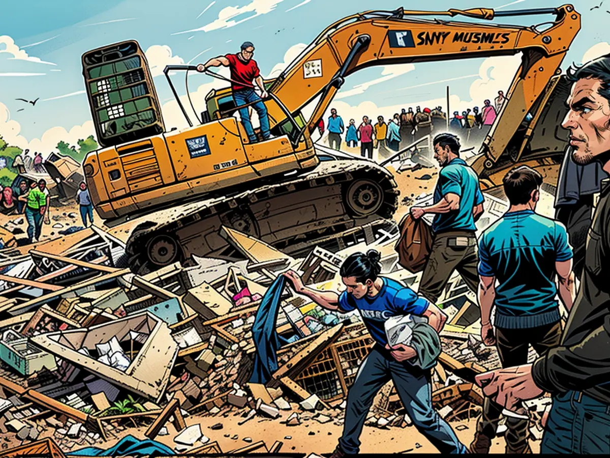 People look on as an excavator helps search for people trapped under debris after a landfill collapsed in Kampala on August 10, 2024.