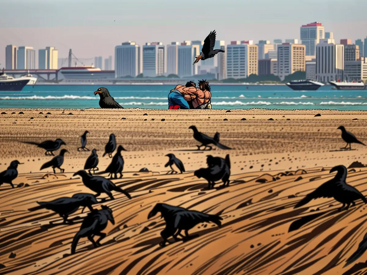 Um casal fotografado em uma praia em Mumbai, Índia, em 21 de fevereiro de 2023.