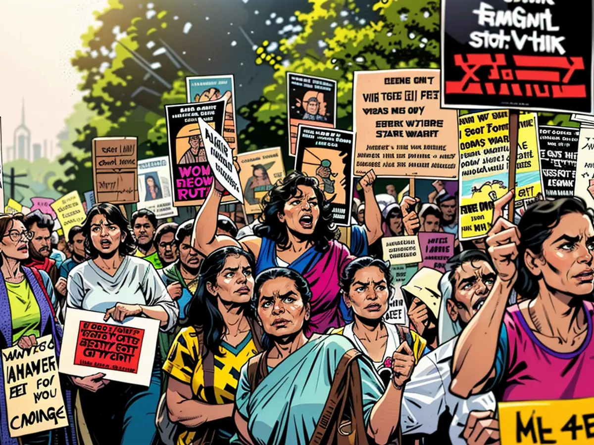 manifestantes seguram cartazes e gritam slogans durante uma marcha pelos direitos das mulheres em Nova Delhi, Índia, em 4 de abril de 2019.