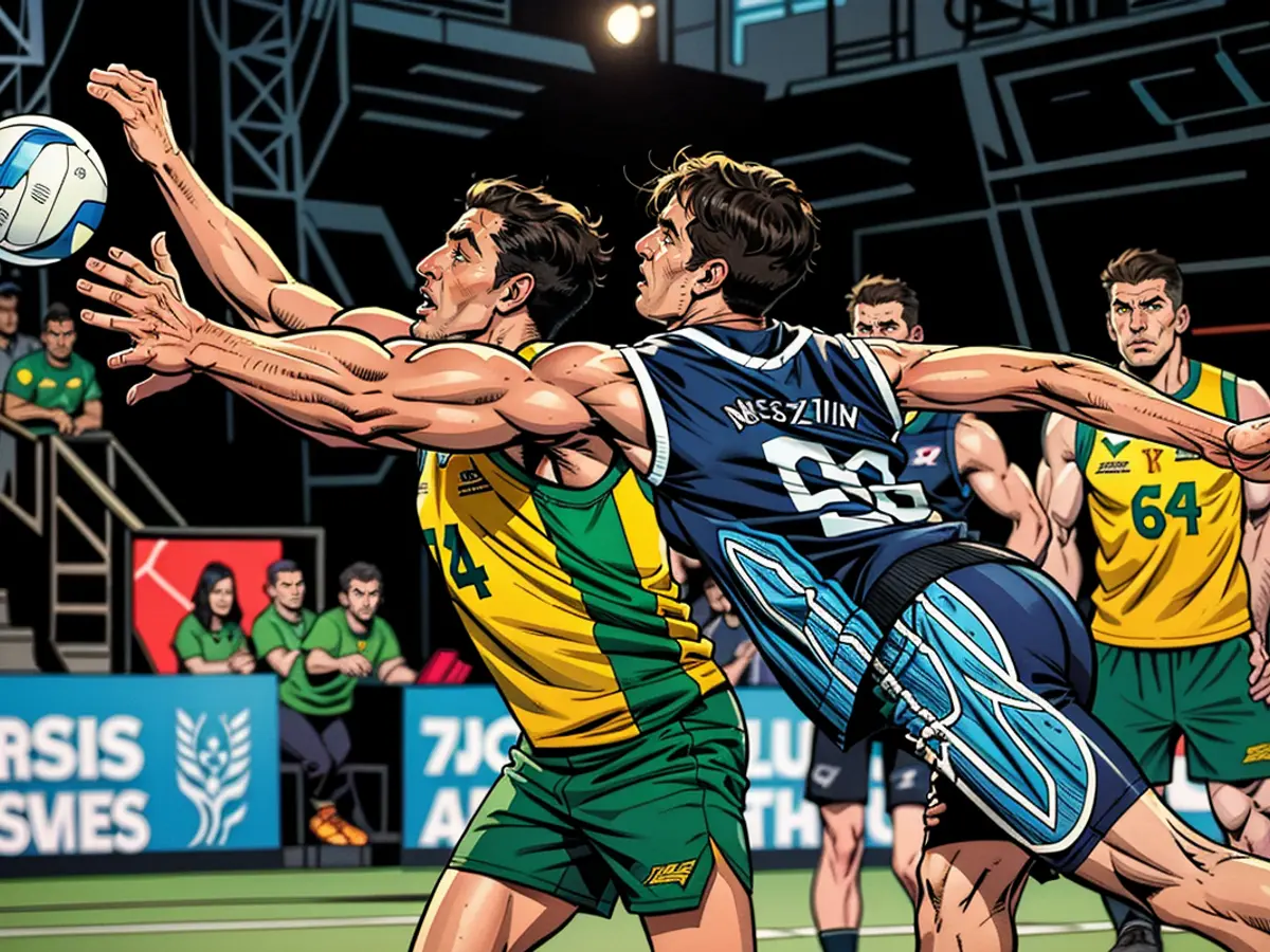 Dylan McPherson d'Australie dispute le ballon pendant le match de la série internationale masculine entre l'équipe masculine de Nouvelle-Zélande et les Kelpies d'Australie à Spark Arena le 23 octobre 2023 à Auckland, en Nouvelle-Zélande.