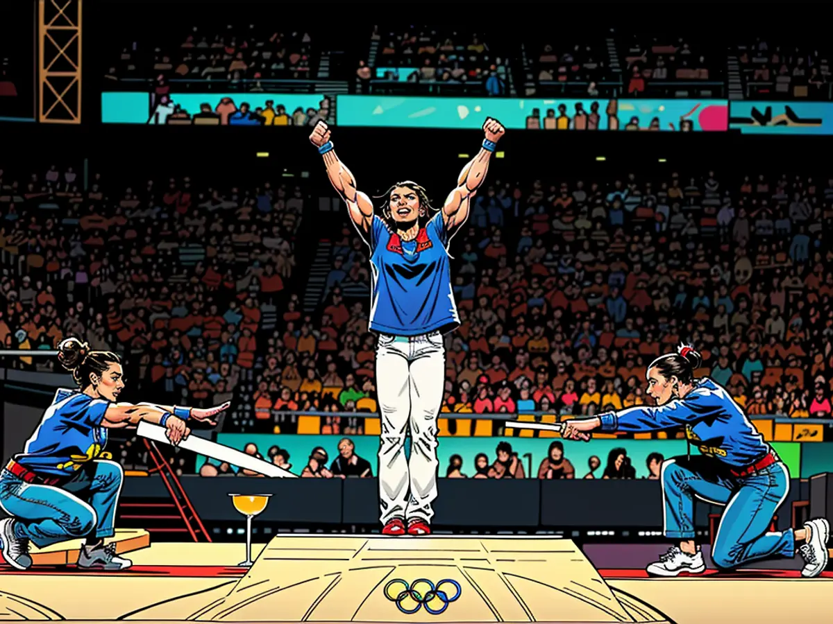 Simone Biles and Jordan Chiles playfully bow to Brazil's Rebeca Andrade during the Olympic medal ceremony.