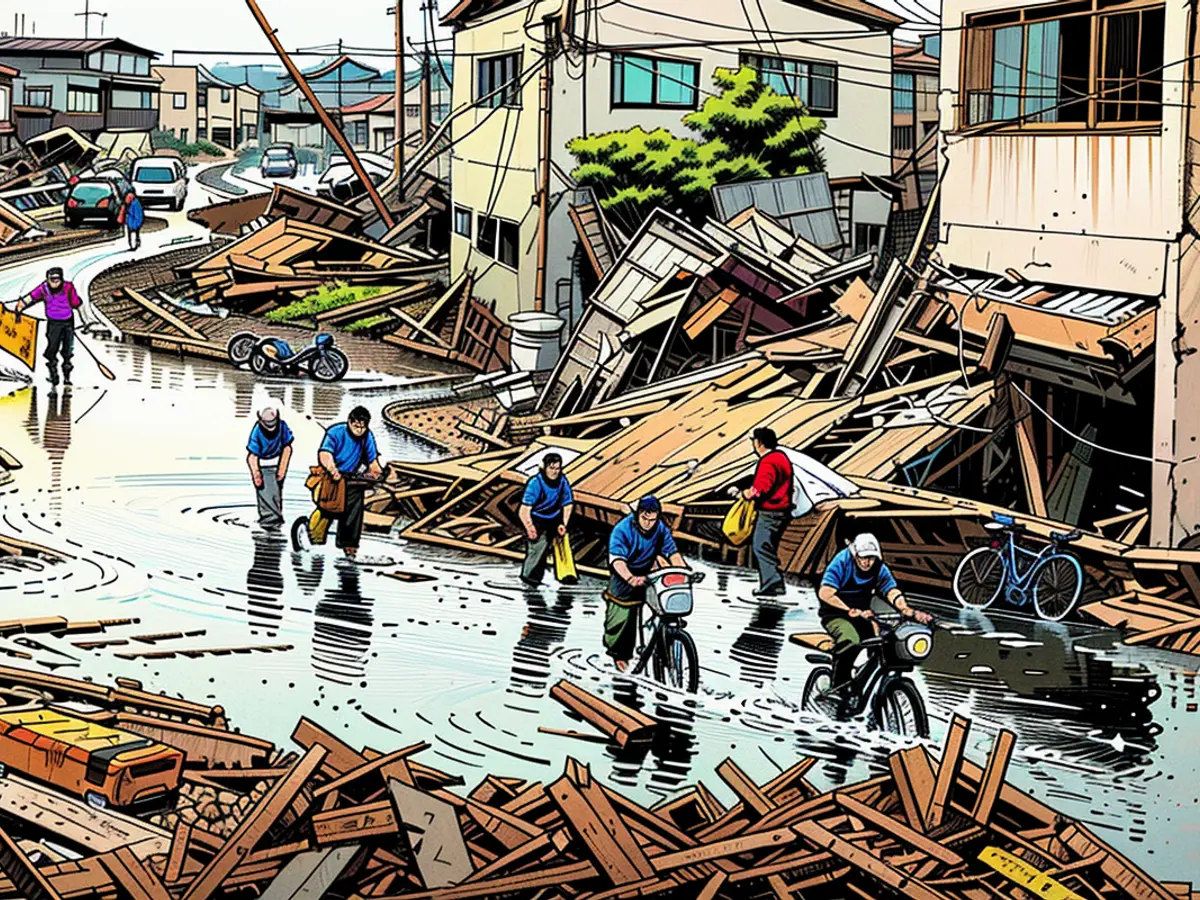 Residents pass through a devastated street in Ishinomaki, Miyagi prefecture, after Japan was hit by a devastating earthquake and tsunami, on March 15, 2011.