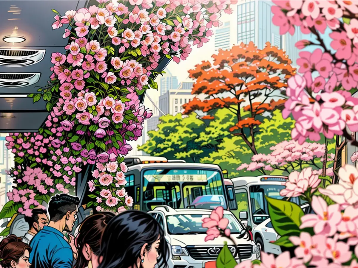 Les gens prennent des photos à un arrêt de bus décoré de fleurs lors de la Fête des Chrysanthèmes, ou la Saint-Valentin chinoise, le 22 août 2023 à Chongqing, en Chine.