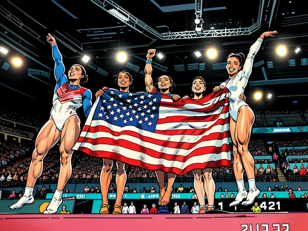 Equipe EUA: Jordan Chiles, Hezly Rivera, Simone Biles, Jade Carey e Sunisa Lee comemoram a vitória na final do художественный gymnastics feminino dos Jogos Olímpicos de Paris