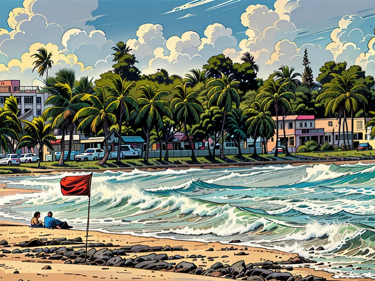 Tourists sit on La Pared beach as Tropical Storm Ernesto whips up surf near Luquillo, Puerto Rico, on Tuesday.