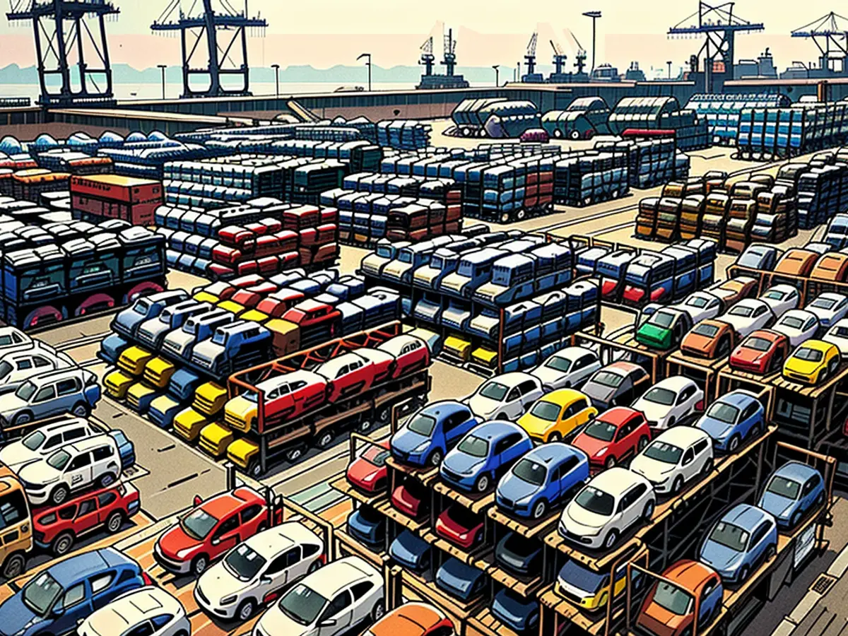 Electric cars destined for export at the Port of Taicang in Suzhou, China, pictured in April 2024.