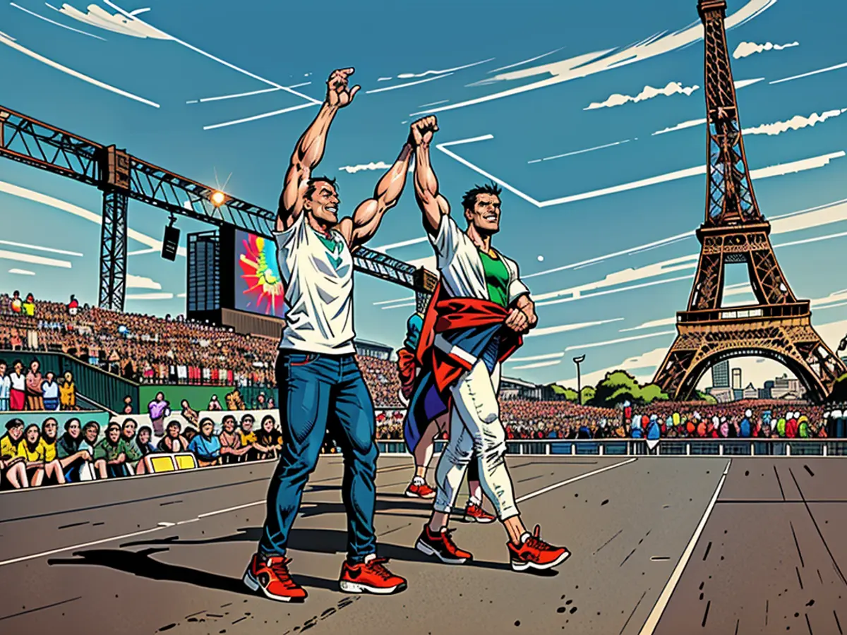 Ngamba and Lewis Richardson celebrate their medals during the Paris Olympics.