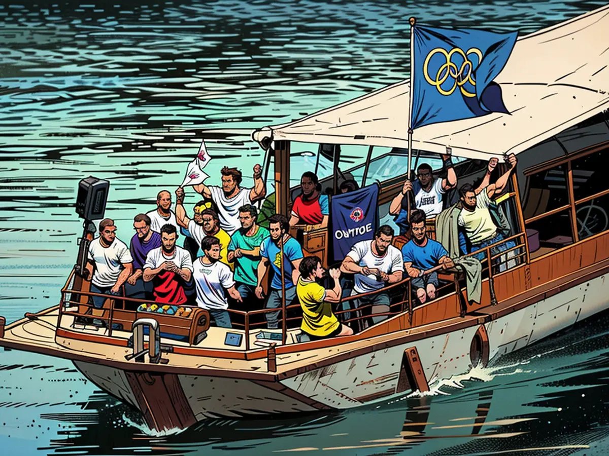 L'équipe olympique des réfugiés descend la Seine lors de la cérémonie d'ouverture.