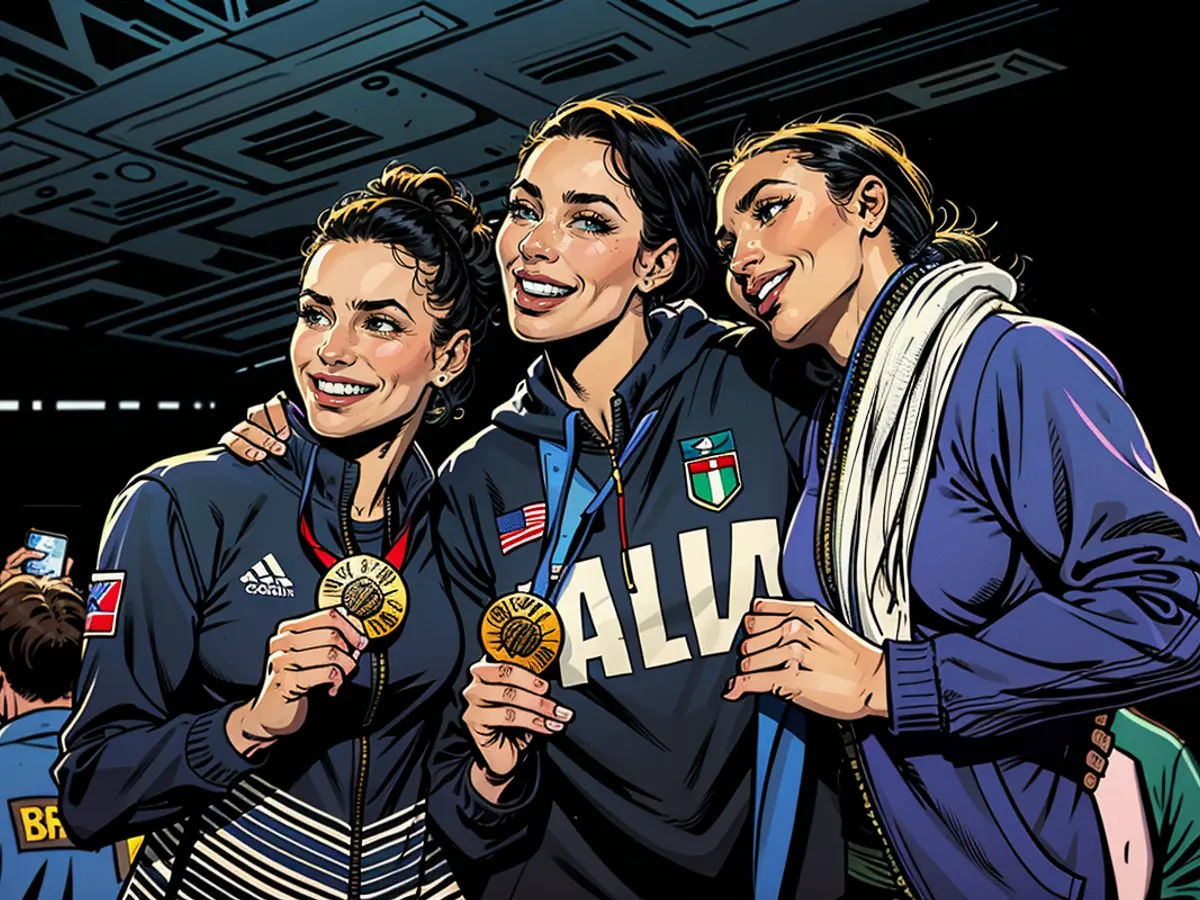 From left, Gabriela Braga of Brazil, Paola Egonu of Italy and Chiaka Ogbogu of the United States show their medals after a ceremony at the end of the women's volleyball final at the 2024 Summer Olympics in Paris on August 11, 2024.